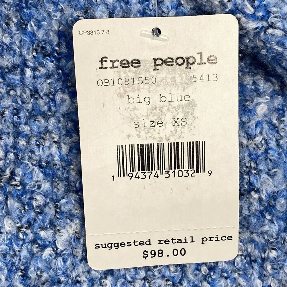 New Free People BFF‎ Cardigan Womens XS Boho Wrap Soft Boucle Knit big Blue
